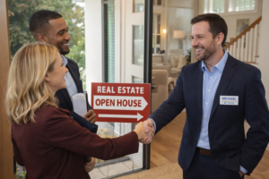 Loan officer connecting with real estate agents at an open house to help qualify more buyers and close deals